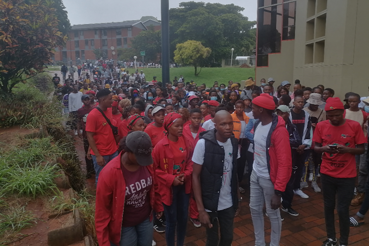 Students gather at the Durban University of Technology's Steve Biko campus on Monday.