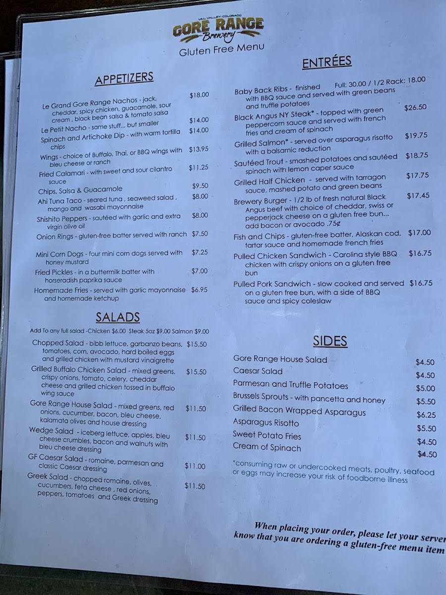 Gore Range Brewery gluten-free menu