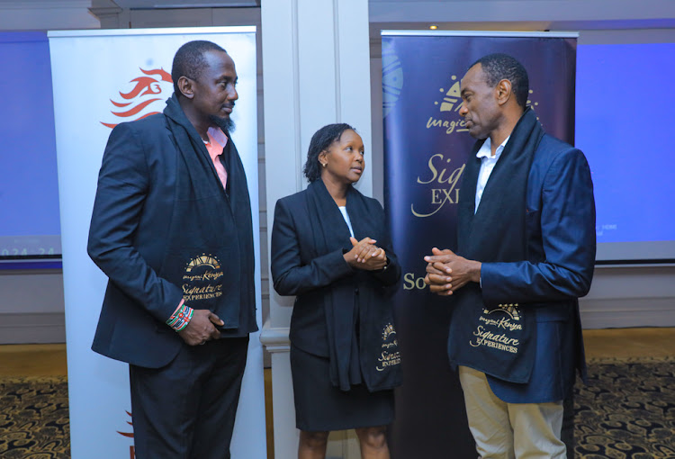 Chairman of Tour Operators Society Of Kenya (TOSK) Daniel Mbugua, KTB CEO June Chepkemei and KTB Chairman Francis Gichaba during an engagement meeting for affiliates of the Magical Kenya Signatures Program.