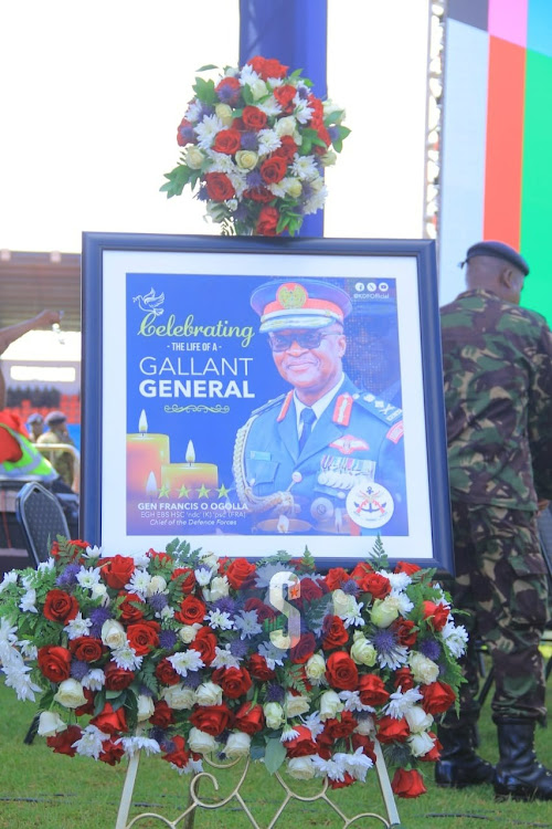 A portrait of late General Francis Ogolla at Ulinzi sports complex on April 20, 2024.