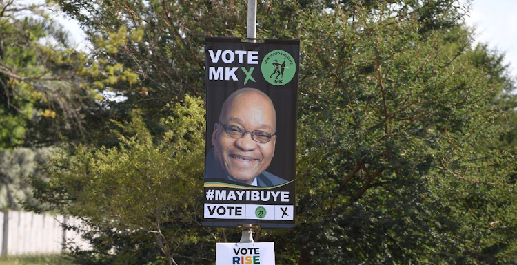 Jacob Zuma's face is depicted on an uMkhonto we Sizwe (MK) election poster in Pretoria. MK founder Jabulani Khumalo wants the former president removed as the face of party and from its list of potential MPs, File photo: LEFTY SHIVAMBU/GALLO IMAGES