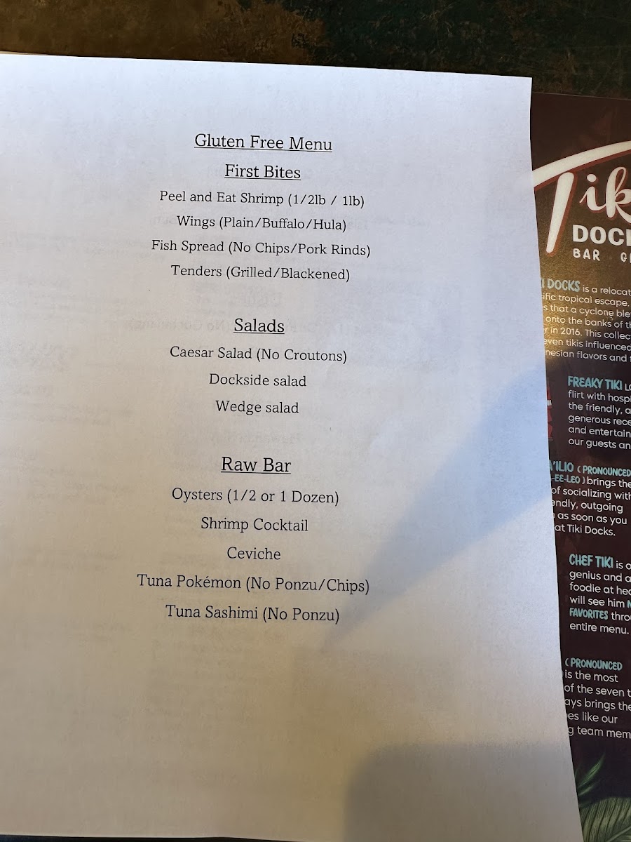Tiki Docks River Bar & Grill gluten-free menu