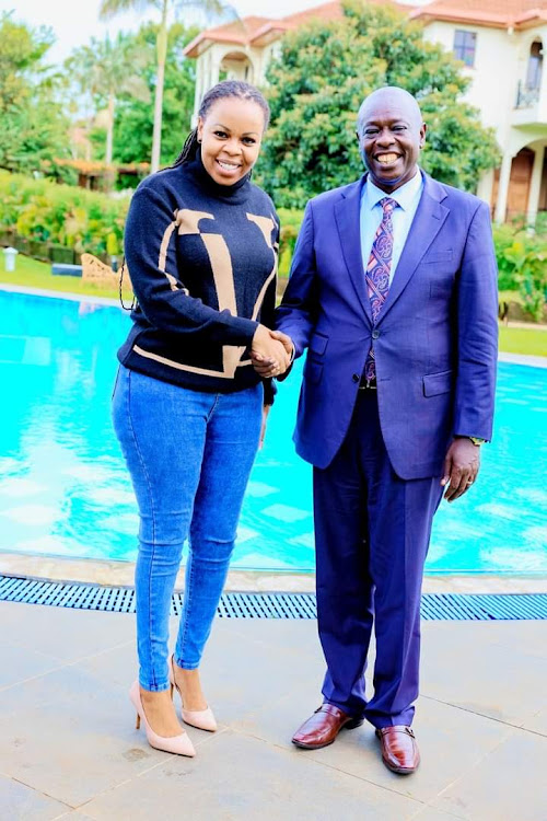 Radio Personality Muthoni Wa Kirumba shares a picture with Deputy President Rigathi Gachagua after a meeting with mechanics from Kariokor at his official Karen Residence on Wednesday, April 24, 2024