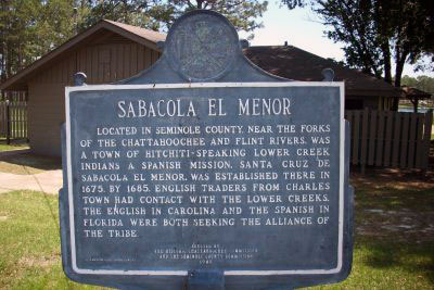 LOCATED IN SEMINOLE COUNTY, NEAR THE FORKS OF THE CHATTAHOOCHEE AND FLINT RIVERS, WAS A TOWN OF HITCHITI-SPEAKING LOWER CREEK INDIANS. A SPANISH MISSION, SANTA CRUZ DE SABACOLA EL MENOR, WAS...