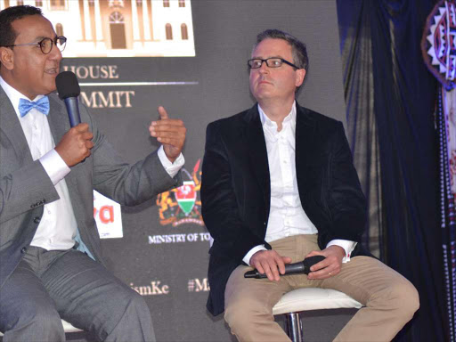 Tourism Cabinet Secretary Najib Balala with the British High Commissioner to Kenya Nic Hailey at the Tourism Summit held at Mombasa State House.Balala spoke of the many ways of marketing the country to the other Nations and building up the tourism industry. Photo Mkamburi Mwawasi.