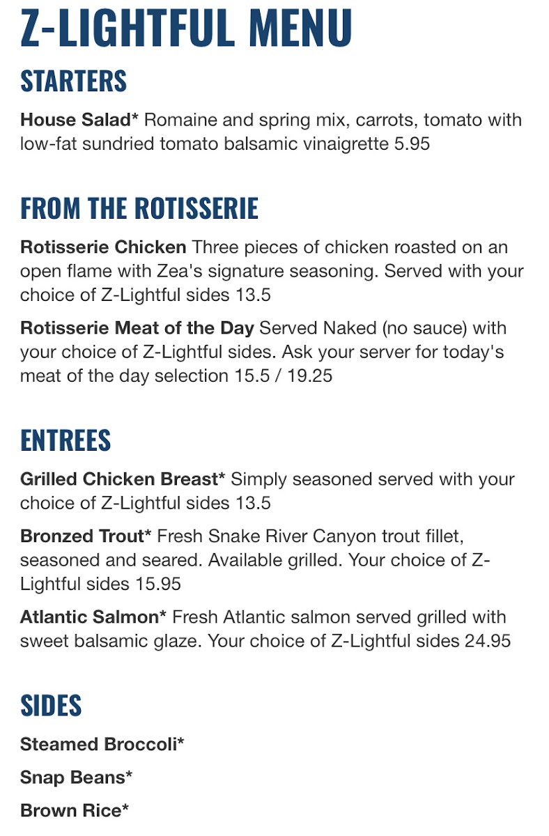 Zea Rotisserie and Grill gluten-free menu