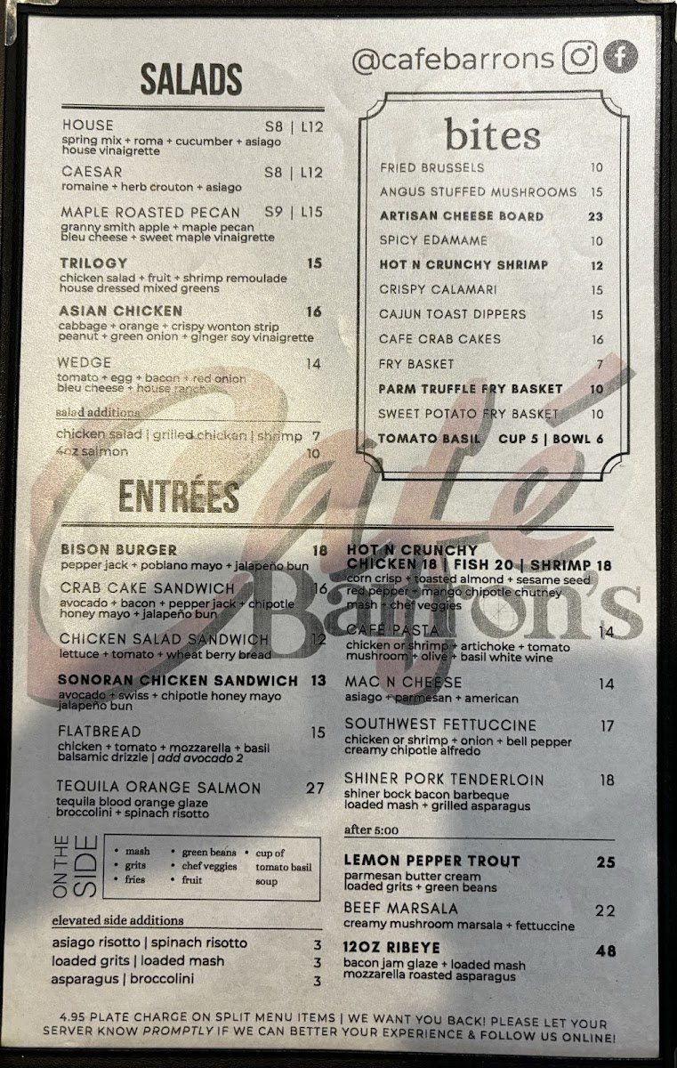 Cafe Barron's gluten-free menu