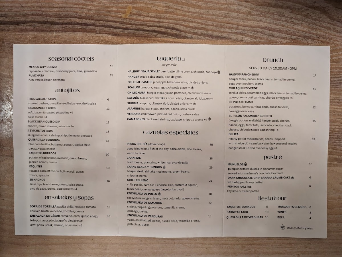 Zona Rosa gluten-free menu