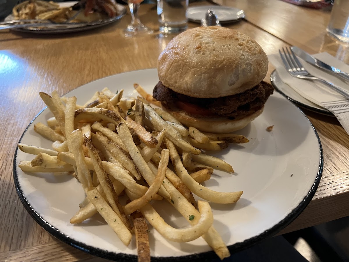 Chicken fried sandwich with fries