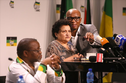Jessie Duarte after the NWC at Luthuli House. With her are Gwede Mantashe, left and Zizi Kodwa.