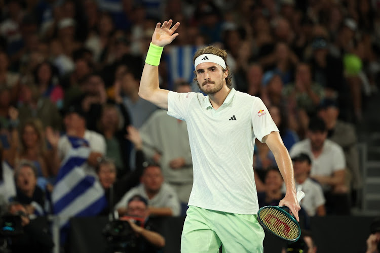Stefanos Tsitsipas of Greece celebrates a point in their round four singles match against Taylor Fritz of the United States during the Australian Open at Melbourne Park on January 21, 2024 in Melbourne, Australia.