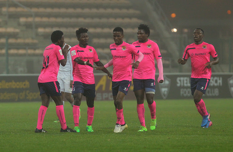 Black Leopards' players celebrate during the Absa Premiership Promotional Play-off match against Stellenbosch FC.