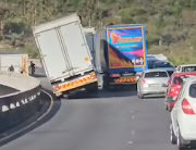 The trailer of a truck, moments before it went over a bridge in the Western Cape.