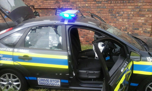 One of the police vehicles in the shootout.