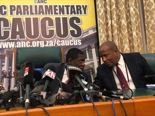 ANC's Treasurer General Paul Mashatile and chief whip Jackson Mthembu during a press briefing this afternoon