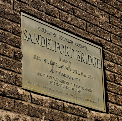 A plaque, on the northern side, marking the opening of the Sandelford Bridge, on 1 February 1975, by the Lord Mayor of London Sir Murray Fox. © Copyright Albert Bridge and licensed for reuse under...