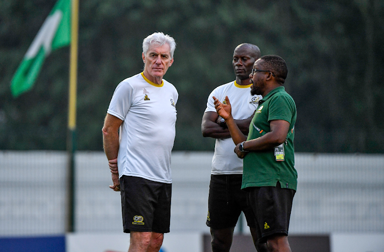Bafana Bafana coach Hugo Broos, (left) during the 2023 Africa Cup of Nations training session for South Africa at TS-Lycee Moderne de Cocody in Abidjan, Cote dIvoire on 9 February 2024.