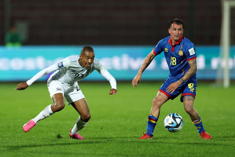 Bafana Bafana defender Thapelo Morena in action against Jesus Rubio Gomez of Andorra during their Fifa Series friendly at Stade 19 Mai 1956 in Annaba, Algeria.