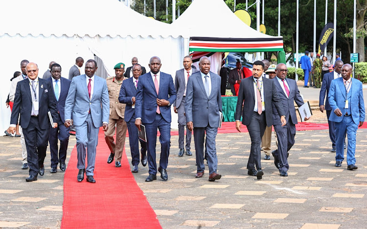 President William Ruto, Roads and Transport Cabinet Secretary Kipchumba Murkomen and Education Cabinet Secretary Ezekiel Machogu among other delegates during the launch of the National Road Safety Action Plan at the KICC on April 17, 2024.