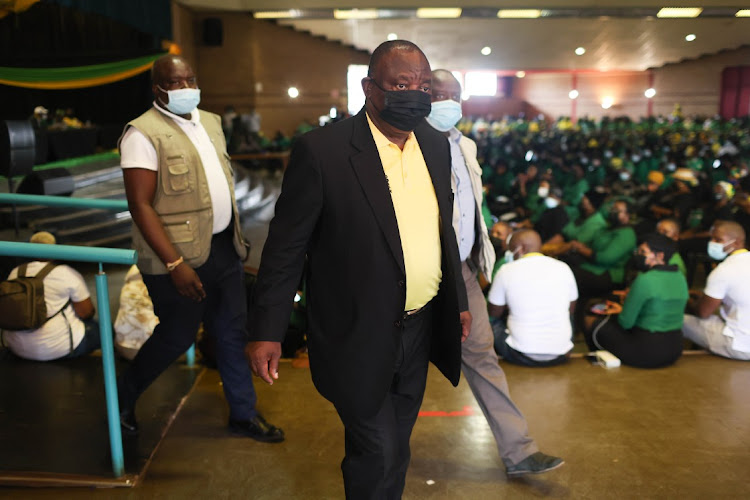 ANC president Cyril Ramaphosa leaves the stage at the Lebowakgomo Civic Centre in Ga-Mphahlele, Limpopo, unexpectedly on Thursday due to non-compliance with Covid-19 regulations.