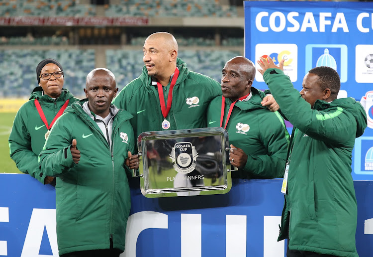 SA Under-23 coach David Notoane celebrates with technical team during the 2019 Cosafa Cup in Durban.