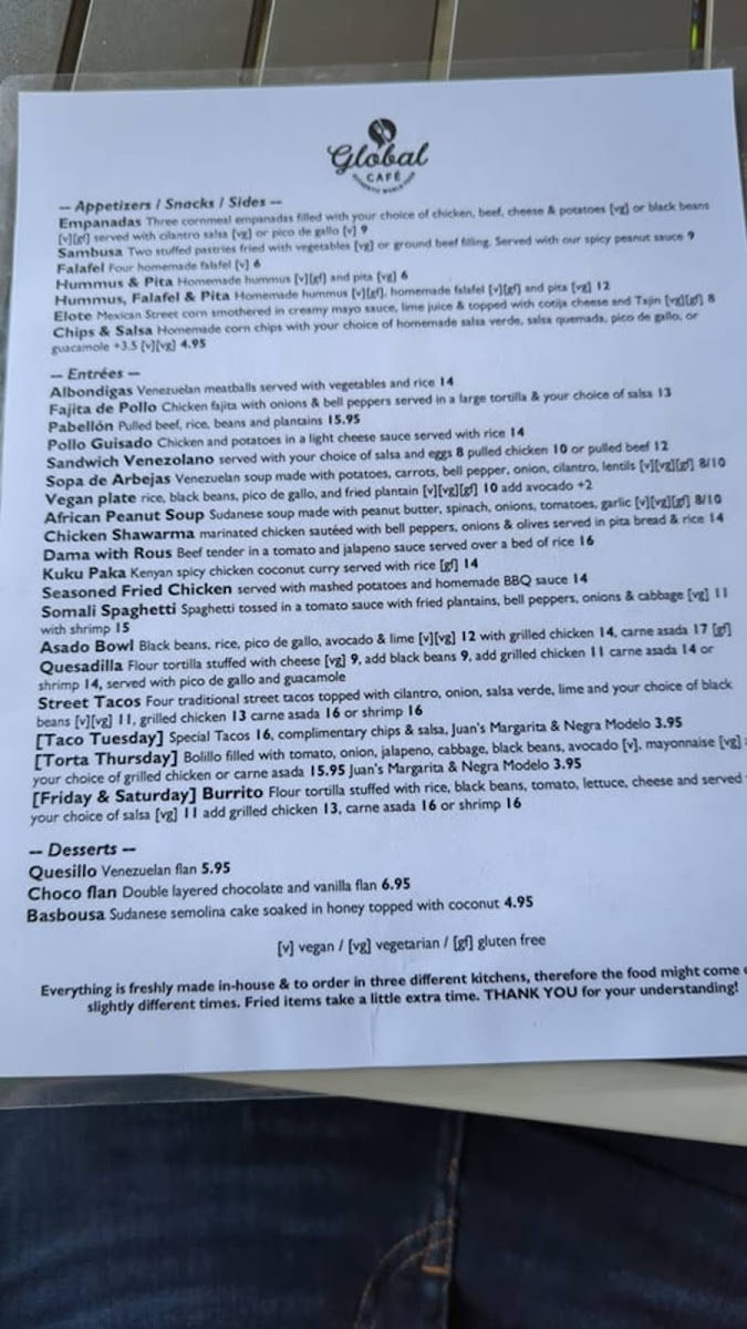 Global Café gluten-free menu