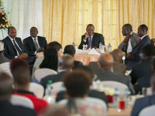 On course: National Assembly majority leader Aden Duale, Deputy President William Ruto, President Uhuru Kenyatta and Jubilee Party National Executive Committee co-chairmen Noah Wekesa and Kiraitu Murungi during a meeting at State House last December 15.