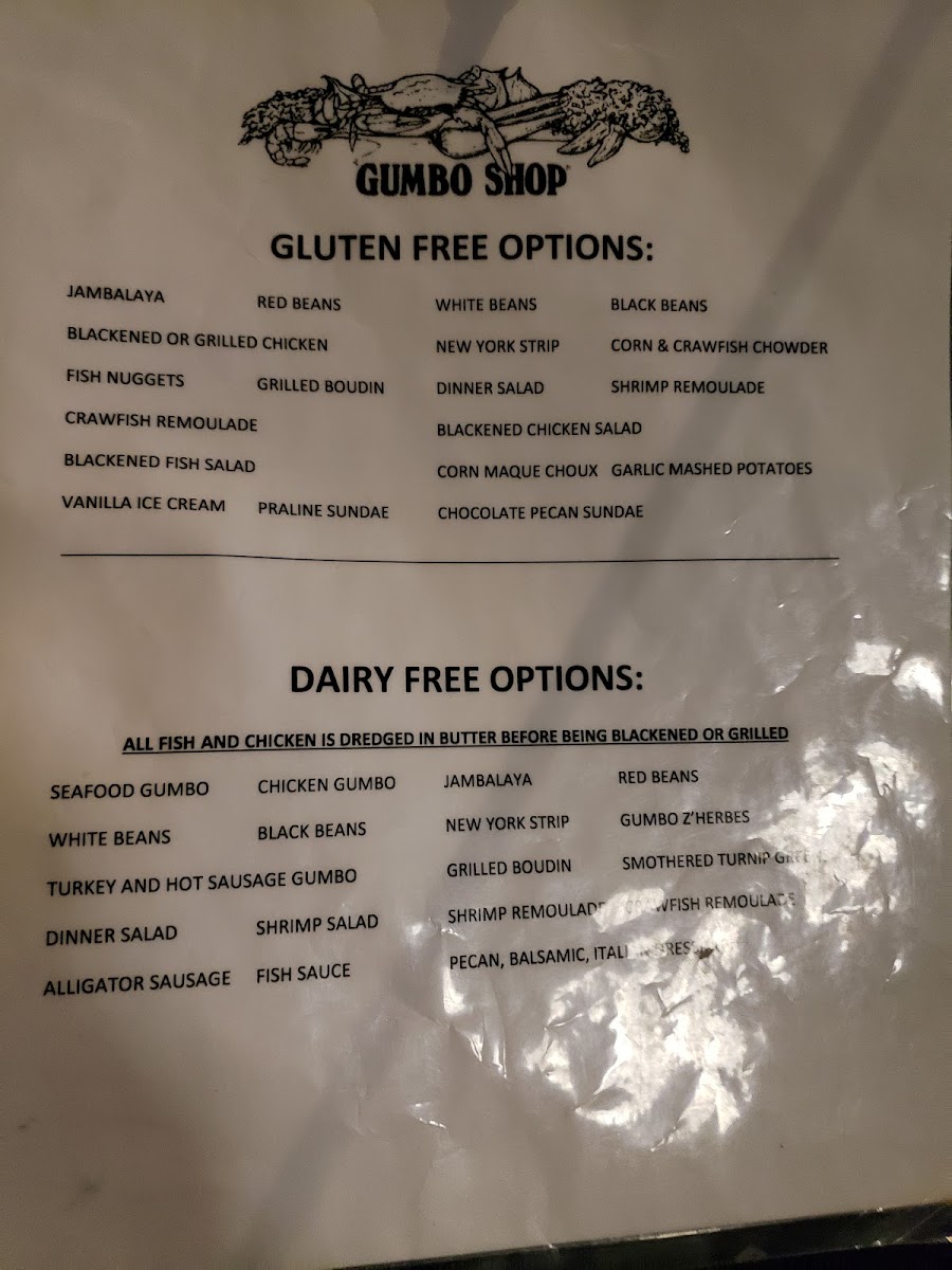 Gumbo Shop gluten-free menu