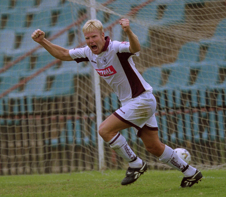 Marc Batchelor celebrates after scoring a goal for Moroka Swallows. File photo