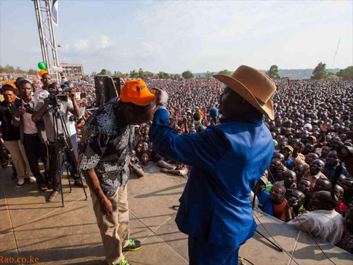 Cord leader Raila Odinga when he received Migori Governor Okoth Obado who had defected from PDP to ODM. /FILE