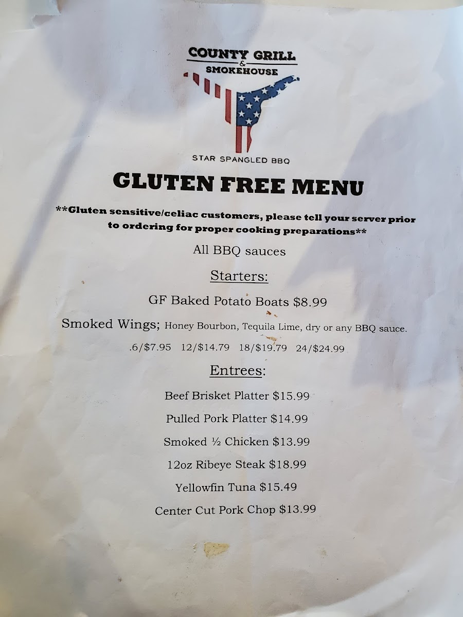 County Grill & Smokehouse gluten-free menu