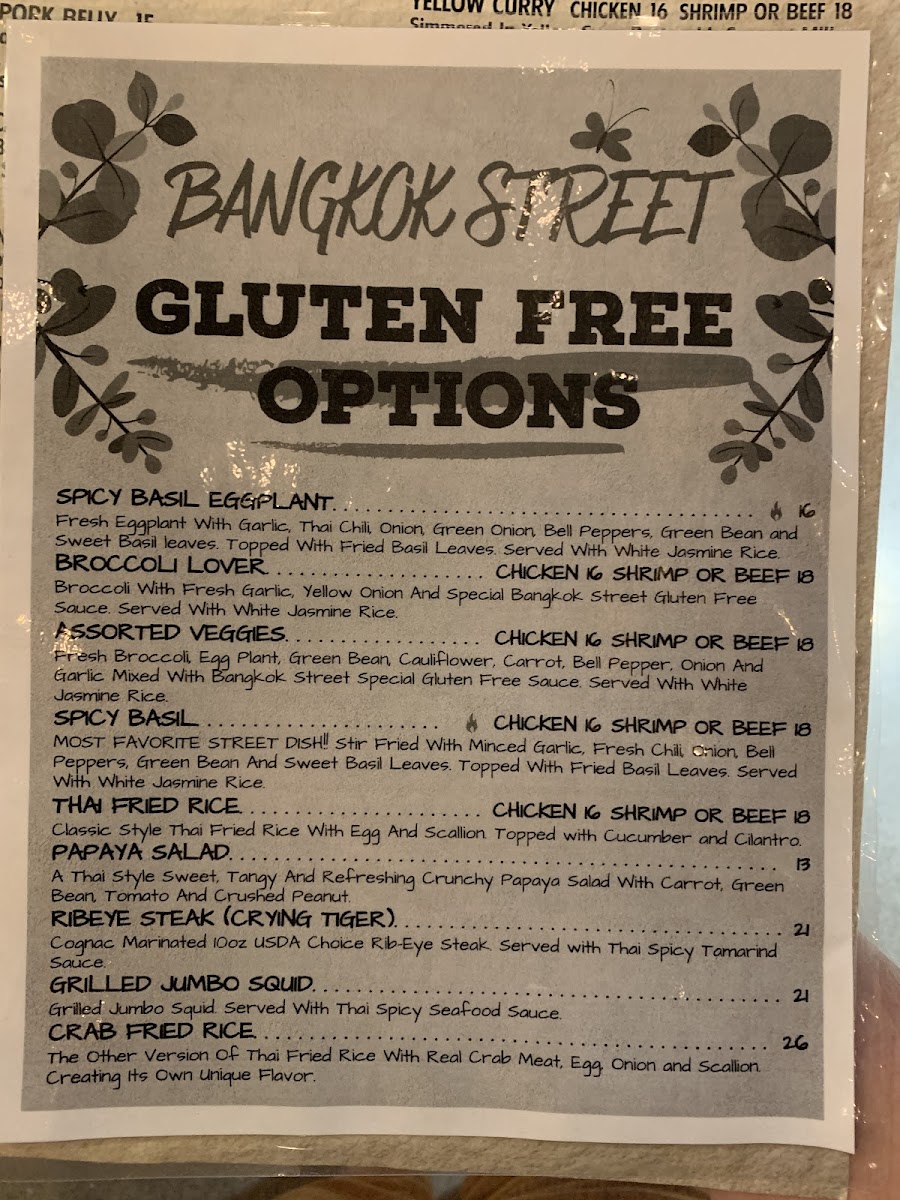 Bangkok Street Thai Kitchen gluten-free menu