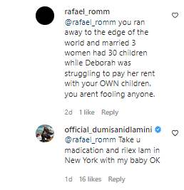 Dumisani Dlamini's Instagram comment.