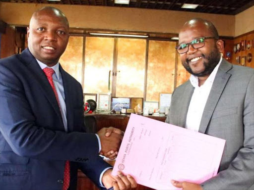 Maina Kamanda's son Michael with Daniel Manduku when the latter was appointed Kenya Ports Authority managing director, June 2018. /TWITTER