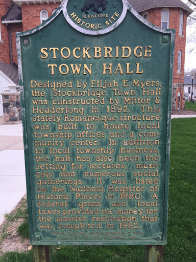 Stockbridge Town Hall   Designed by Elijah E. Myers, the Stockbridge Town Hall was constructed by Mitter & Headerlong in 1892.   This stately Romanesque structure was built to house local township...