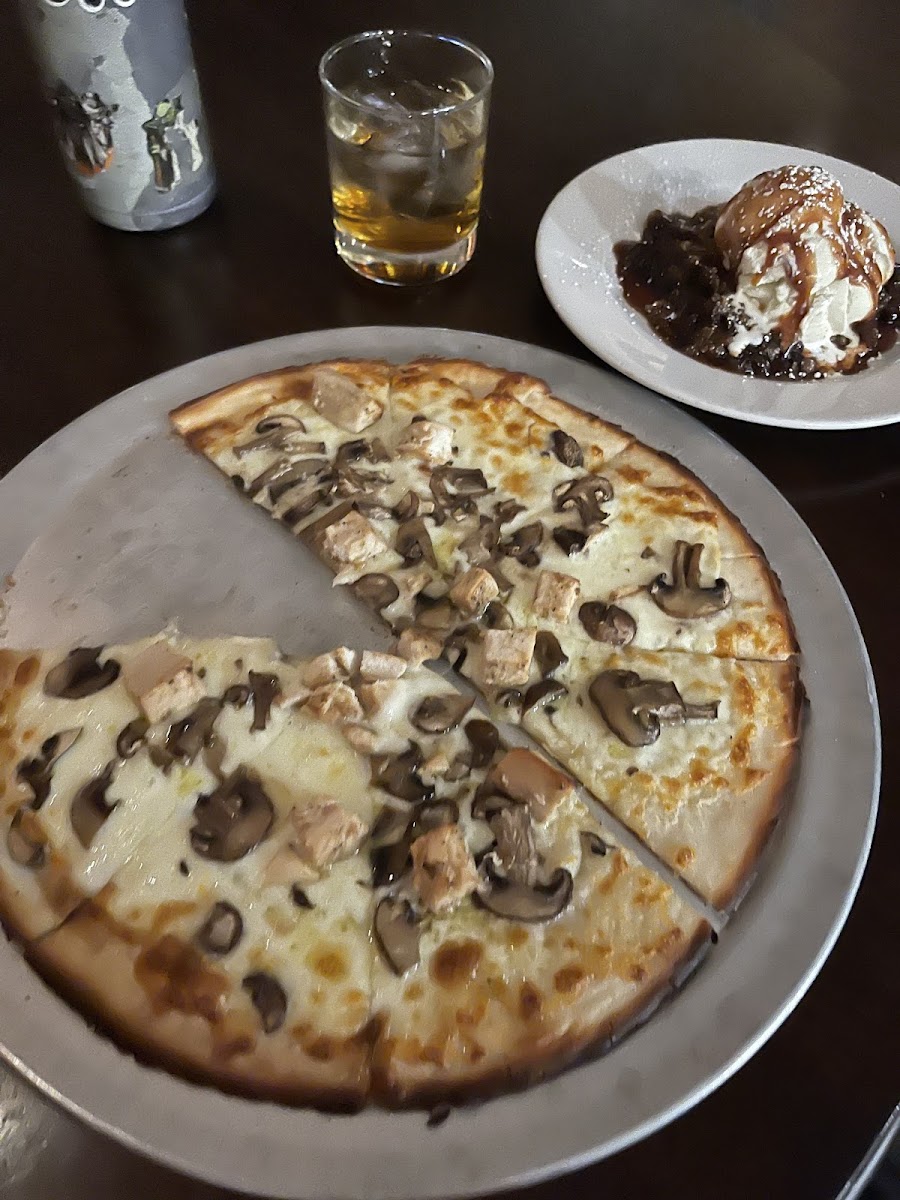 Gf pizza and apple cobbler dessert with ice cream