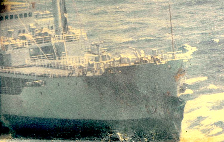 The battered bow of the fleet replenishment vessel SAS Tafelberg on the morning after the collision with the frigate SAS President Kruger.
