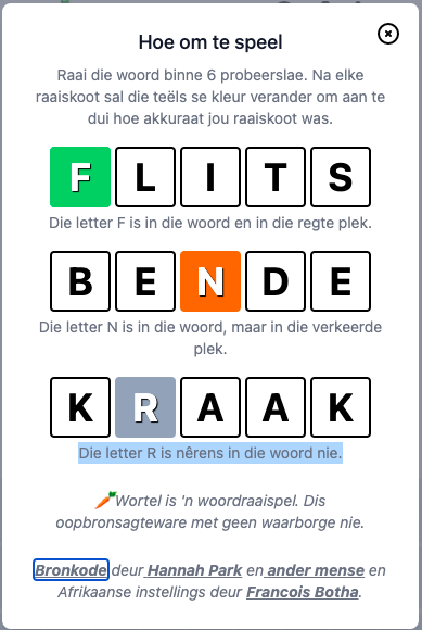 Wortel is the Afrikaans version of the popular Wordle game.