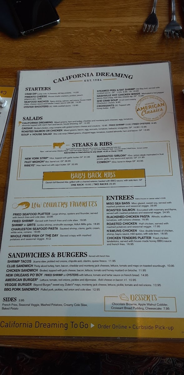 California Dreaming menu in Charleston, South Carolina