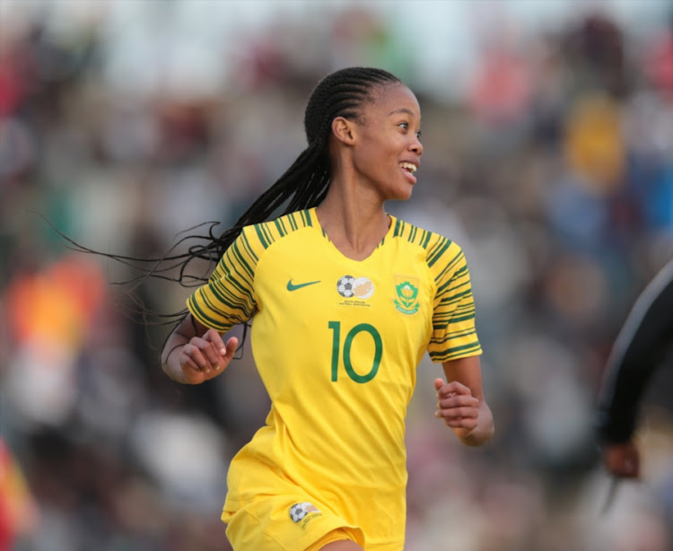 Linda Motlhalo of South Africa celebrates after scoring a goal during the Cosafa Women's Championship match between Banyana Banyana and Malawi at Wolfson Stadium on September 17, 2018 in Port Elizabeth.