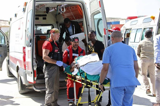 A man injured during an explosion last Saturday in KM4 street in the Hodan district waits to board a Turkish military plane for medical evacuation at the Aden Abdulle International Airport in Mogadishu, Somalia October 16, 2017. REUTERS/Feisal Omar