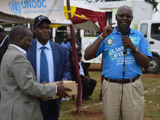 NACADA chairman Julius Ayub speaks during International Day against Drug Abuse and Illicit Trafficking at Ndumberi grounds in Kiambu town, June 26, 2017. /STANLEY NJENGA