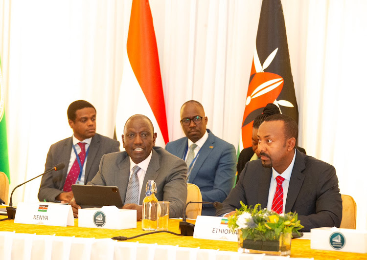 President William Ruto and Prime Minister of Ethiopia Abiy Ahmed,during the first Intergovernmental Authority on Development (IGAD) meeting on Sudan peace process at Addis Ababa, Ethiopia on July 10, 2023