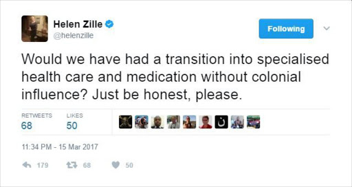 Helen Zille's tweet defending colonialism.