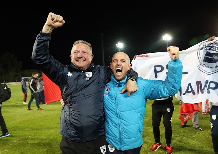 Gavin Hunt (l) and Paul Johnstone (assistant coach) celebrate as Bidvest Wits win the 2016/17 Absa Premiership title during football match between Bidvest Wits and Polokwane City at Bidvest Stadium, Johannesburg on 17 May 2017.