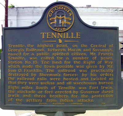 Tennille, the highest point, on the Central of Georgia Railroad, between Macon and Savannah, named for a public spirited citizen, Mr. Francis Tennille, was called for a number of years, Station...