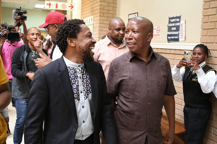 Dr Mbuyiseni Ndlozi and Julius Malema at the Randburg magistrate's court in November where they are appearing on charges of assaulting a policeman. File photo.