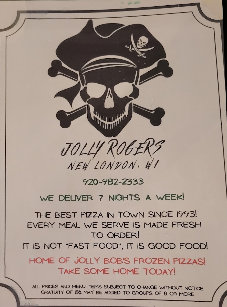 Jolly Roger's Pizzeria gluten-free menu