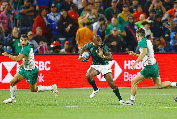 Siviwe Soyizwapi of South Africa during the Men's match between South Africa and Ireland on day 1 of the Rugby World Cup Sevens 2018 at AT&T Park on July 20, 2018 in San Francisco, United States of America.