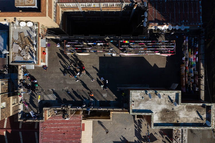 Lines of washing on the roof of a block of flats in Hillbrow.